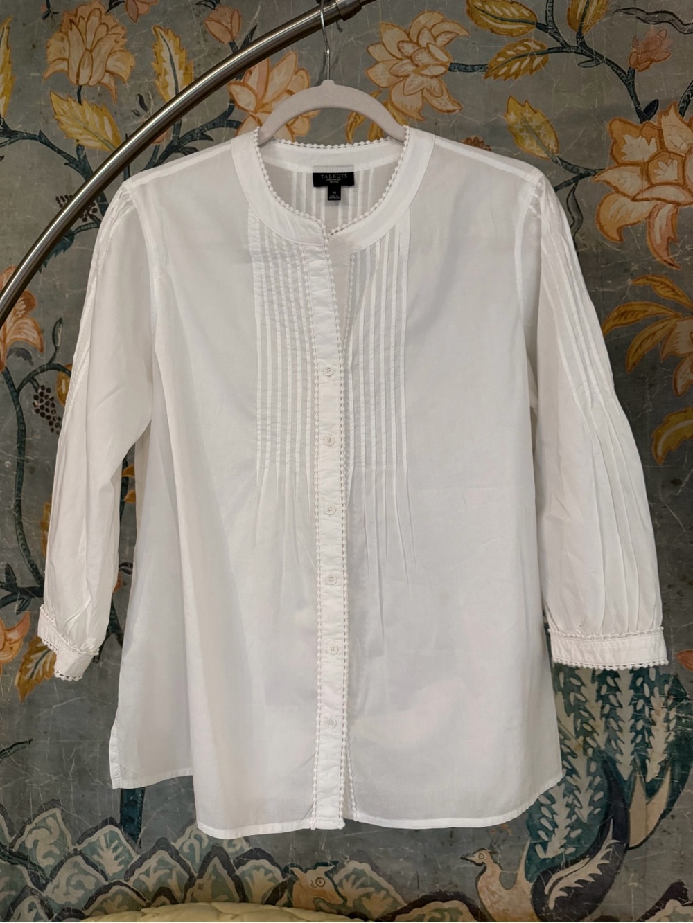 Talbots Petite White Pintuck Cotton Button Front Blouse M